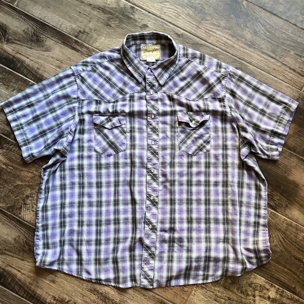 Wrangler Western VTG Mens Plaid Distressed Snap Front Shirt, Purple Black, XXL